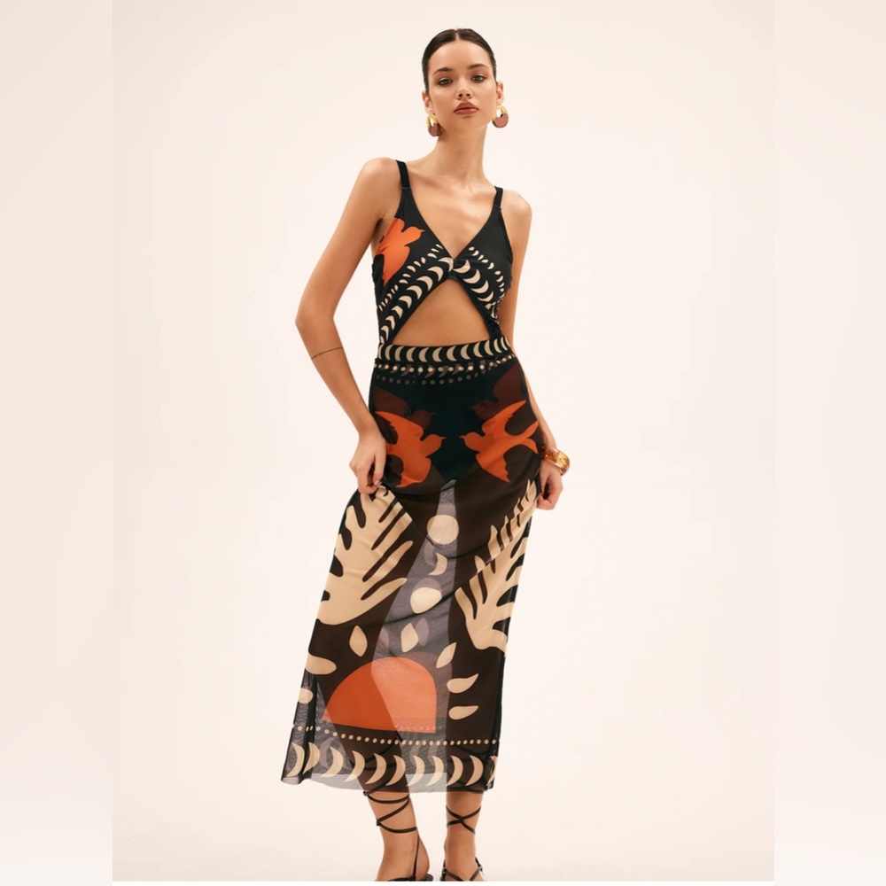 Commense Bird Print Mesh Cover Up Maxi Skirt